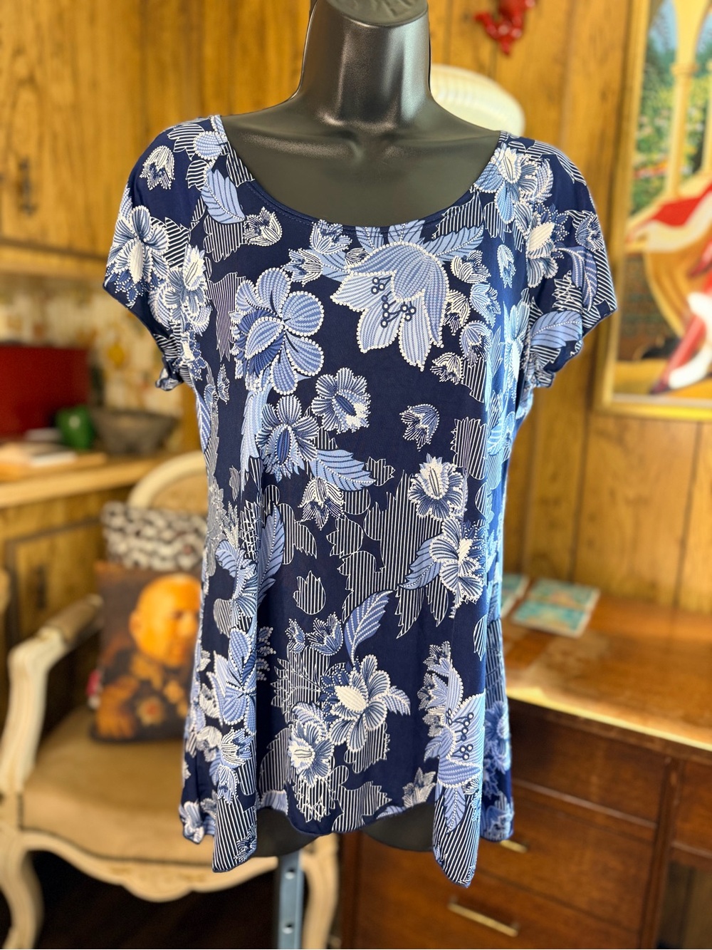 Brittany Black Navy Floral Scoop Neck Short Sleeve Tee